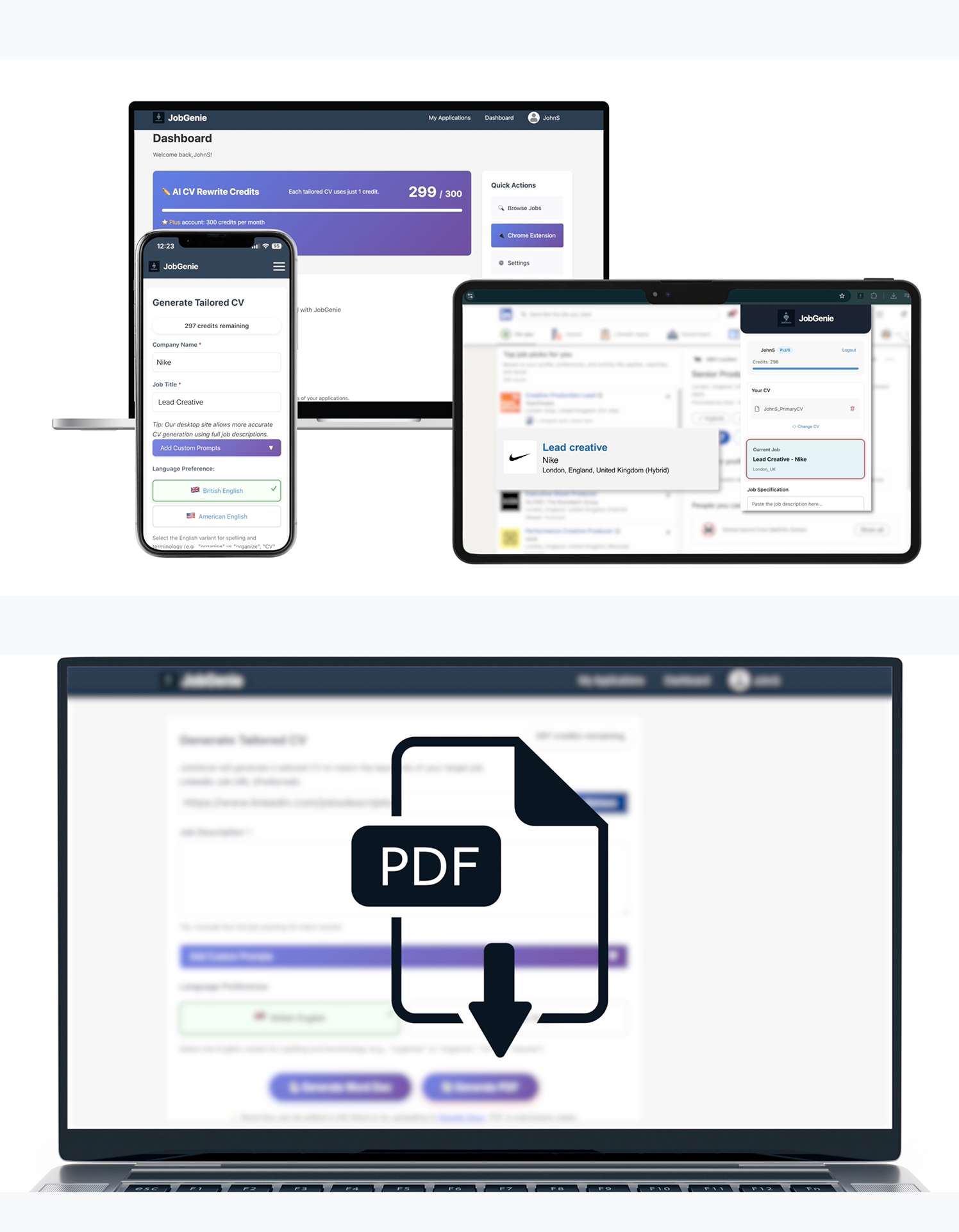 JobGenie running on phone, tablet, browser extension and laptop